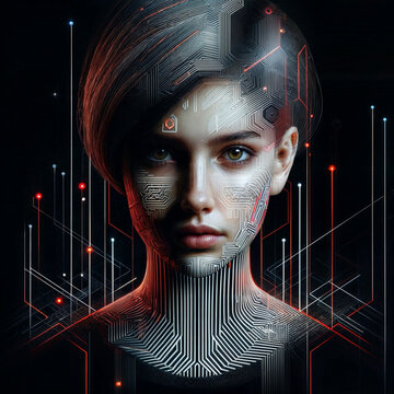 High-tech girl. Concept of AI of the future, wearable AI devices. Cybernetic of the future.