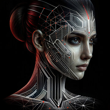 High-tech girl. Concept of AI of the future, wearable AI devices. Cybernetic of the future.