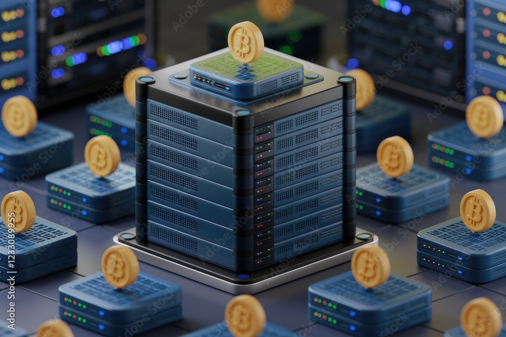 Poster Bitcoin mining data center:  Powerful servers and cryptocurrency mining.