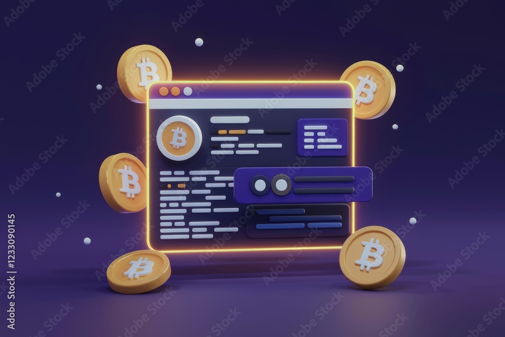 Poster Bitcoin website interface with digital currency coins orbiting around it, illustrating online cryptocurrency transactions.
