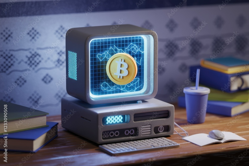 Poster retro computer displays bitcoin price chart, symbolizing cryptocurrency's evolution and impact.
