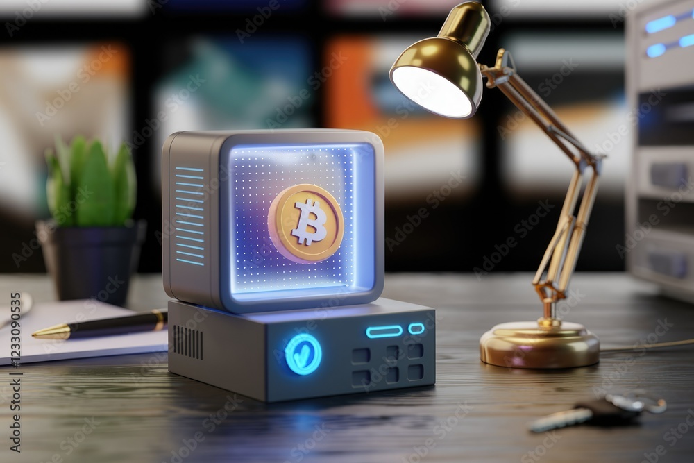 Poster Bitcoin cryptocurrency displayed on a retro-styled computer, illuminated by a desk lamp.