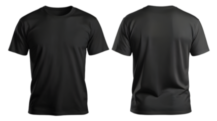 Black t-shirt mockup showing front and back views of a black t-shirt total both side view mockup, isolated on a transparent PNG background.