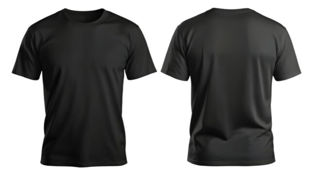 Black t-shirt mockup showing front and back views of a black t-shirt total both side view mockup, isolated on a transparent PNG background.