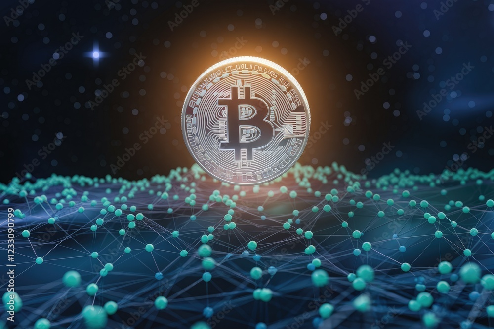 Poster A silver Bitcoin coin hovers above a complex network representing the cryptocurrency's decentralized blockchain technology.
