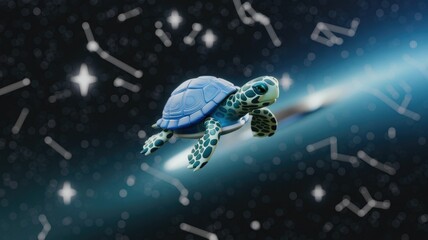 Obraz premium A cute cartoon turtle gracefully glides through a starry, cosmic expanse.