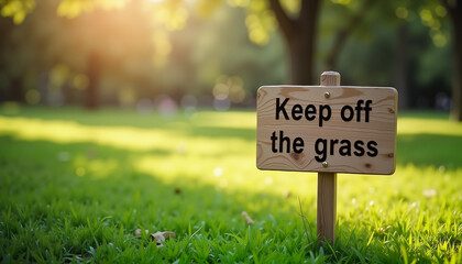 Wooden sign saying 'Keep off the grass' in green park