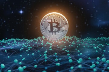 A silver Bitcoin coin hovers above a complex network representing the cryptocurrency's decentralized blockchain technology.