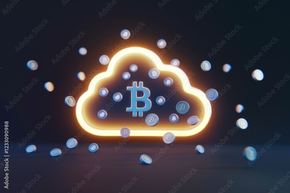 Poster bitcoin cryptocurrency cloud mining, digital currency raining from neon cloud.