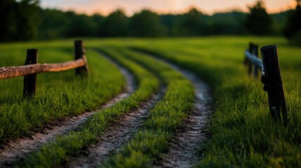 Obraz premium Winding dirt road through green field at sunset