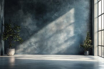 Fototapeta premium Empty Room with Gray Wall and Concrete Floor Exudes Minimalist Industrial Vibe 