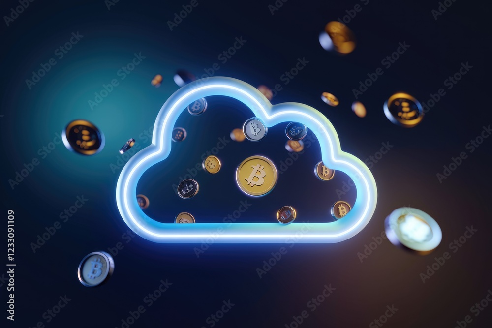 Aufkleber neon cloud symbol with bitcoin cryptocurrency coins falling inside, representing cloud mining or dig