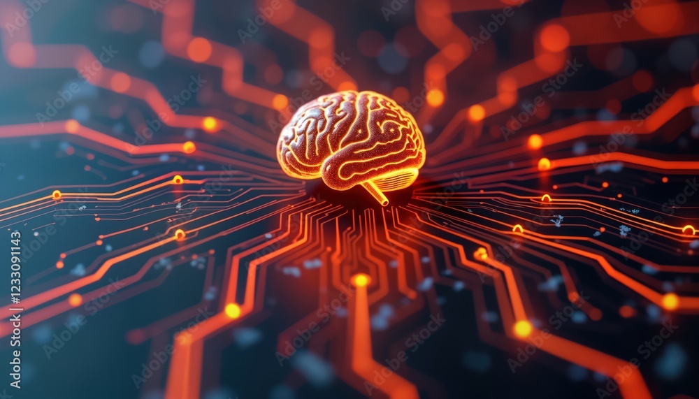 Poster futuristic tech image. glowing brain design on electronic circuit board. abstract illustration of ar