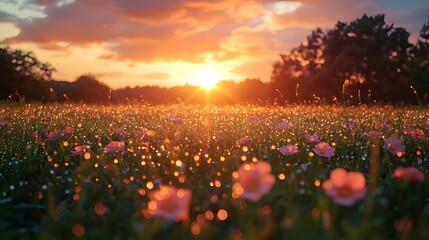 Sunrise Meadow Field Flowers Dew Drops Landscape