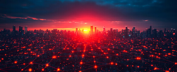 Fototapeta premium City skyline illuminated by sunset glow. A vibrant city skyline is bathed in a stunning sunset, with glowing network lines connecting the buildings.