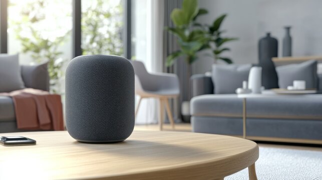 An advanced smart speaker with sleek design and modern features in a clean, minimalist living room, showcasing high-tech audio capabilities
