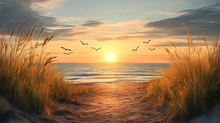 Scenic dirt path leads to calm ocean at sunset. birds fly over tranquil water. rich grasses frame the path. peaceful nature scene. sunrise or sunset time. travel concept. Sunset Path. Illustration