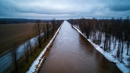Naklejka premium Winter canal aerial view, farmland background