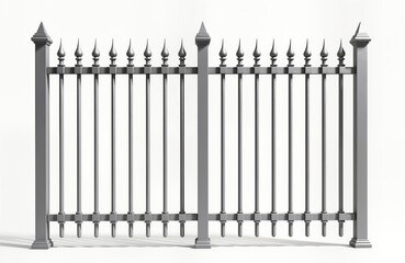 Isolated gray metal fence on white background. Decorative vintage style. Square pattern and vertical bars. Security element or garden gate. Detailed design. Looks like a retro architectural element.