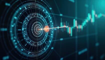 Fototapeta premium Digital target with bullseye hit by arrow shows accurate profit goal in stock market. Japanese candlestick chart shows market trend. Futuristic digital display presents business success plan. Graphic