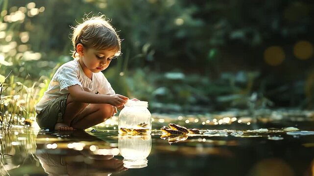 Child Catching Tadpoles in Pond with Spring Peepers Nearby