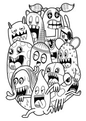 Hand-drawn illustrations, monsters doodle, Hand Drawn cartoon monster illustration,Cartoon crowd doodle hand-drawn Doodle style.black and white stripes coloring  book.