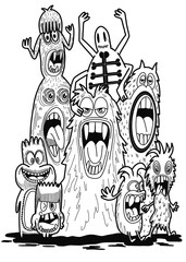 Hand-drawn illustrations, monsters doodle, Hand Drawn cartoon monster illustration,Cartoon crowd doodle hand-drawn Doodle style.black and white stripes coloring  book.