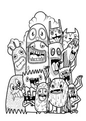Hand-drawn illustrations, monsters doodle, Hand Drawn cartoon monster illustration,Cartoon crowd doodle hand-drawn Doodle style.black and white stripes coloring  book.