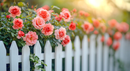 Fototapeta premium Beautiful pink roses blooming by a fence. Vibrant pink roses flourish against a white picket fence in a sunny garden during springtime.