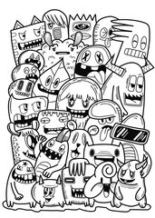 Hand-drawn illustrations, monsters doodle, Hand Drawn cartoon monster illustration,Cartoon crowd doodle hand-drawn Doodle style.black and white stripes coloring  book.