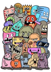 Fototapeta premium Hand-drawn illustrations, monsters doodle, Hand Drawn cartoon monster illustration,Cartoon crowd doodle hand-drawn Doodle style.