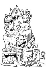 Hand-drawn illustrations, monsters doodle, Hand Drawn cartoon monster illustration,Cartoon crowd doodle hand-drawn Doodle style.black and white stripes coloring  book.