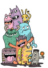 Hand-drawn illustrations, monsters doodle, Hand Drawn cartoon monster illustration,Cartoon crowd doodle hand-drawn Doodle style.