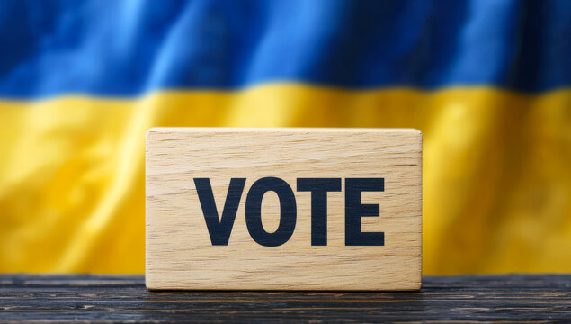Vote sign in front of Ukrainian flag. A Vote sign sits on a surface with a blue and yellow Ukrainian flag in the background during elections.