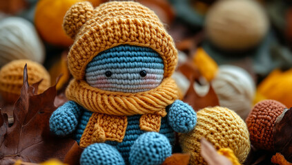 Obraz premium Doll in autumn leaves. A handmade doll wearing a knitted hat and scarf sits among colorful autumn leaves and decorative balls.