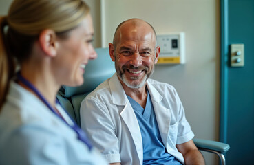 Smiling cancer patient, nurse share hopeful moment in hospital. Bald man sits in chair. Nurse smiles warmly. Positive interaction in medical setting. Support, care shown during treatment. Recovery,