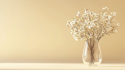 White flowers in a clear glass vase on a beige background