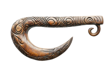 Intricately Carved Maori Fish Hook Symbolizing Strength and Prosperity Isolated on Transparent Background.