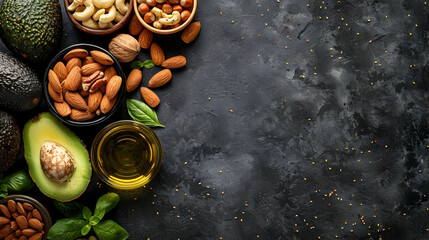 Healthy Fats Food Collection on Dark Background - Nutritional Ingredients - space for text