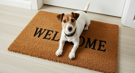 Obraz na płótnie Canvas Dog lying on welcome mat. Dog on pet mat at the door. Jack Russell terrier on welcome mat