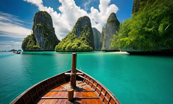 Traditional Wooden Boat with White Sails on Turquoise Water in Tropical Paradis