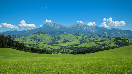 Obraz premium Rolling green hills, distant mountains, sunny day, pastoral landscape, travel photography