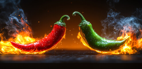 Fiery red and green chilies. Two chili peppers, one red and one green, are artistically positioned with flames and smoke surrounding them.