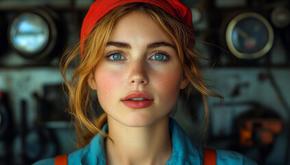 Fototapeta premium Young woman with blue eyes and red hat. A young woman with beautiful blue eyes and light hair wears a red hat, posing confidently against a vintage backdrop.
