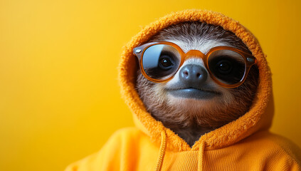 Obraz premium Hoodie-wearing sloth brightens day!. A cheerful sloth sporting orange sunglasses and a bright hoodie smiles against a vibrant yellow backdrop.