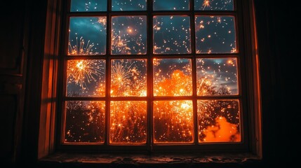 Fireworks seen through a window at night, creating a festive and celebratory ambiance. Perfect for holiday or special event themes.