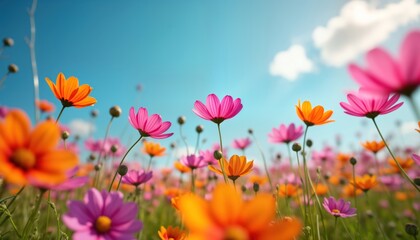 Colorful flowers bloom in field against vibrant blue sky. Spring flowers in pastel shades of pink, orange sway gently in breeze. Beautiful display of nature beauty. Perfect for romantic spring summer