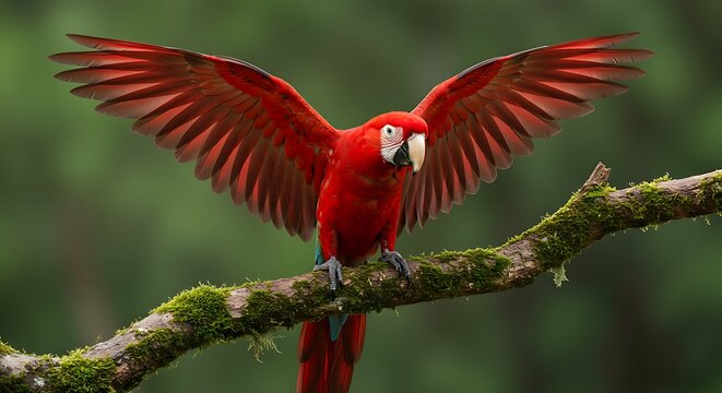 Magnifique ara rouge aux ailes d&eacute;ploy&eacute;es sur une branche. Photo de stock pour oiseaux exotiques, faune, nature et esp&egrave;ces tropicales.