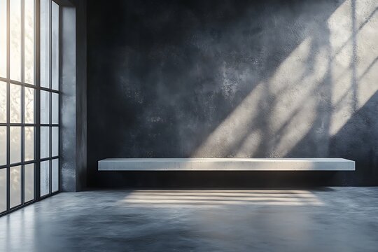 This black loft-style room, with its cement flooring and concrete shelf table, functions as a studio background for product presentations.