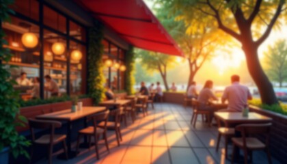 Outdoor cafe scene at sunset. People relax at tables. Blurred interior of a restaurant shows chefs working. Sunny ambiance. Busy eatery. Casual dining. Modern design.
